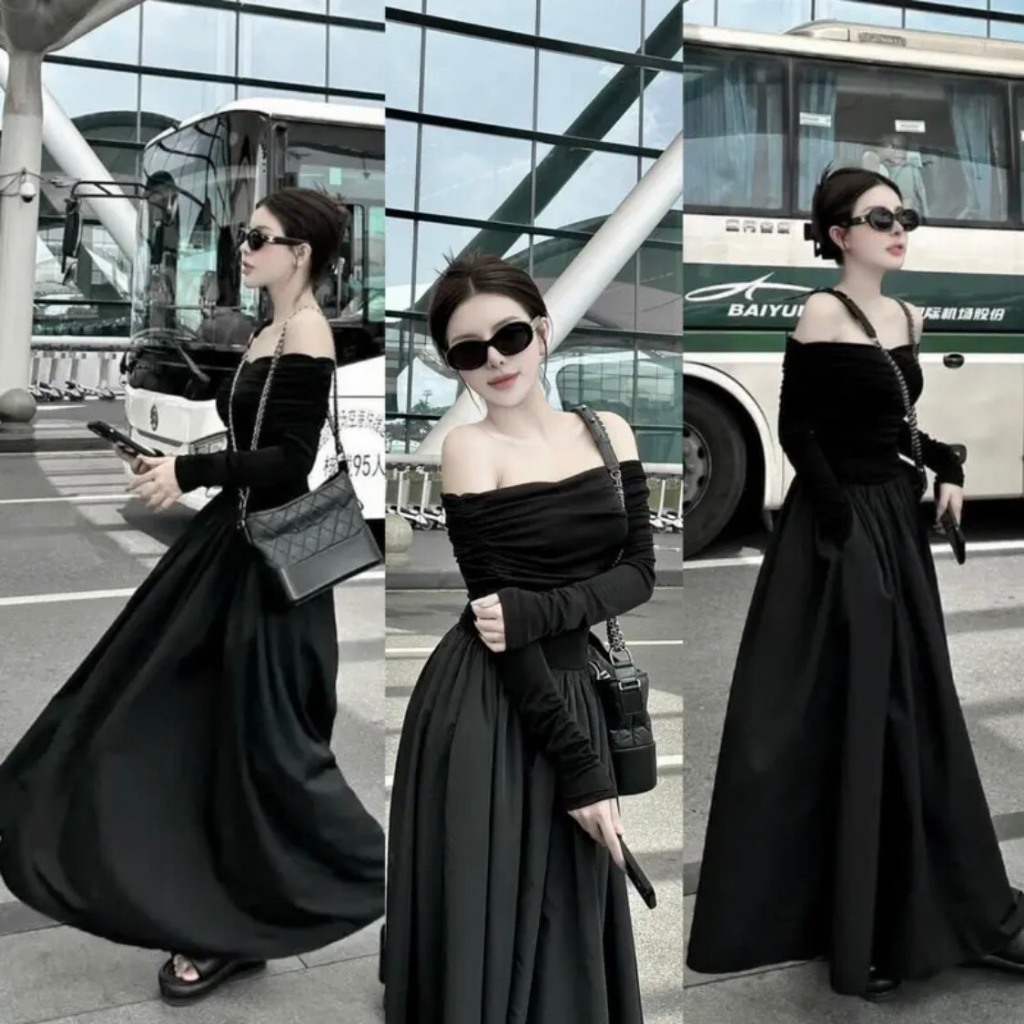 Váy maxi trễ vai dáng xòe , váy thu đông phong cách tiểu thư, gợi cảm hot trend