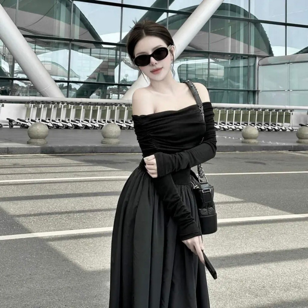 Váy maxi trễ vai dáng xòe , váy thu đông phong cách tiểu thư, gợi cảm hot trend