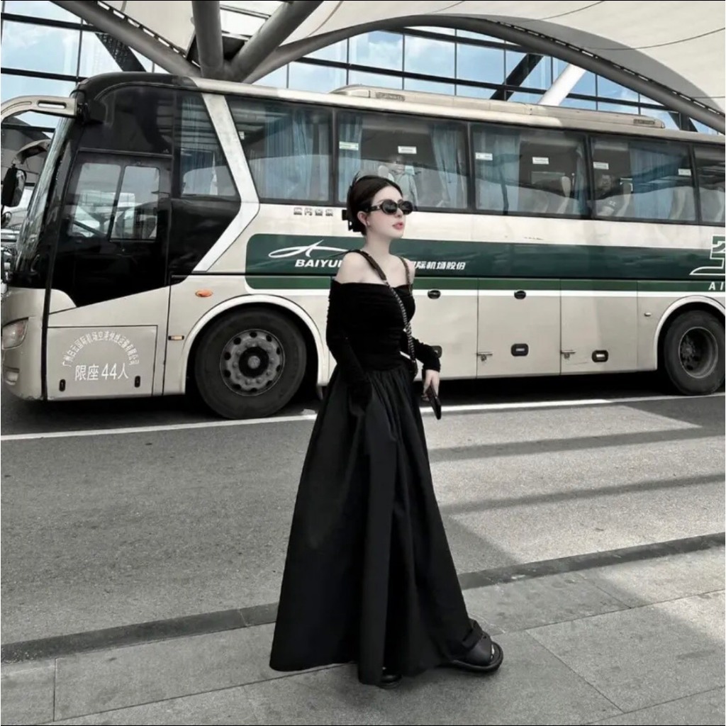 Váy maxi trễ vai dáng xòe , váy thu đông phong cách tiểu thư, gợi cảm hot trend