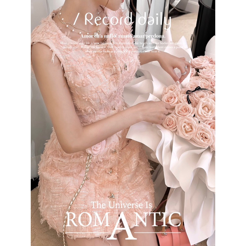 Váy dạ tua rua cam đào kèm dây đeo hoa