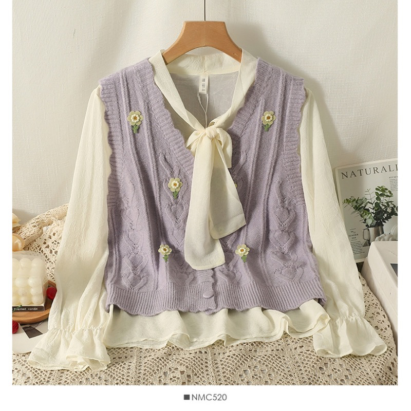 Set Sơ Mi Nơ + Áo Gile Đính Cây Hoa Cực Xinh