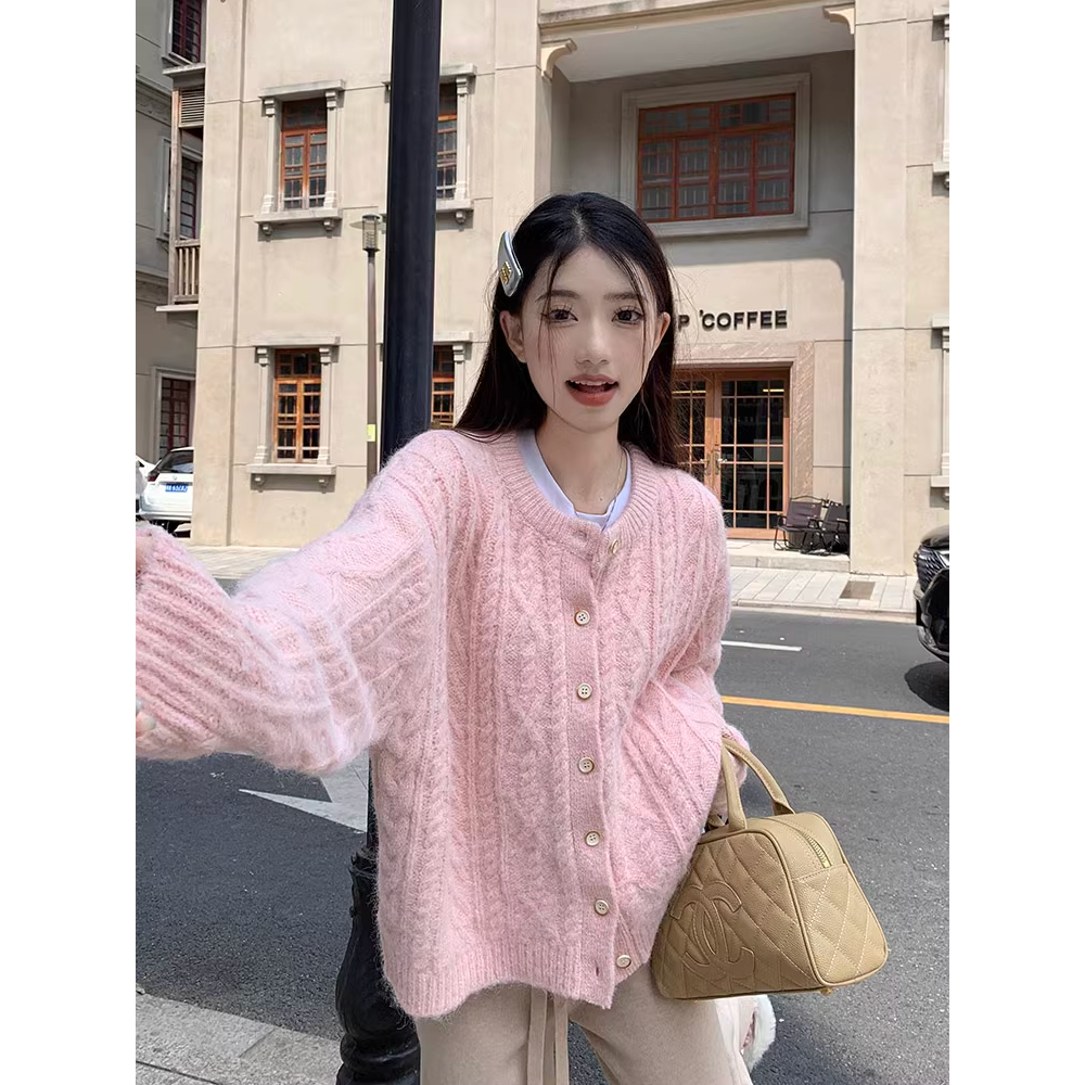[ HÀNG ORDER ] Áo khoác cardigan Berg chất len đan gợn sóng tay dài ấm áp hồng baby