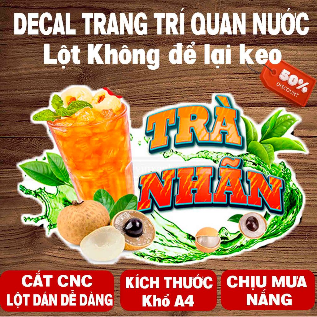 Decal TRÀ NHÃN trang trí quán nước, dán tường, tủ kiếng chống nước, đã cắt bế sẵn khổ A4( 21x29cm)