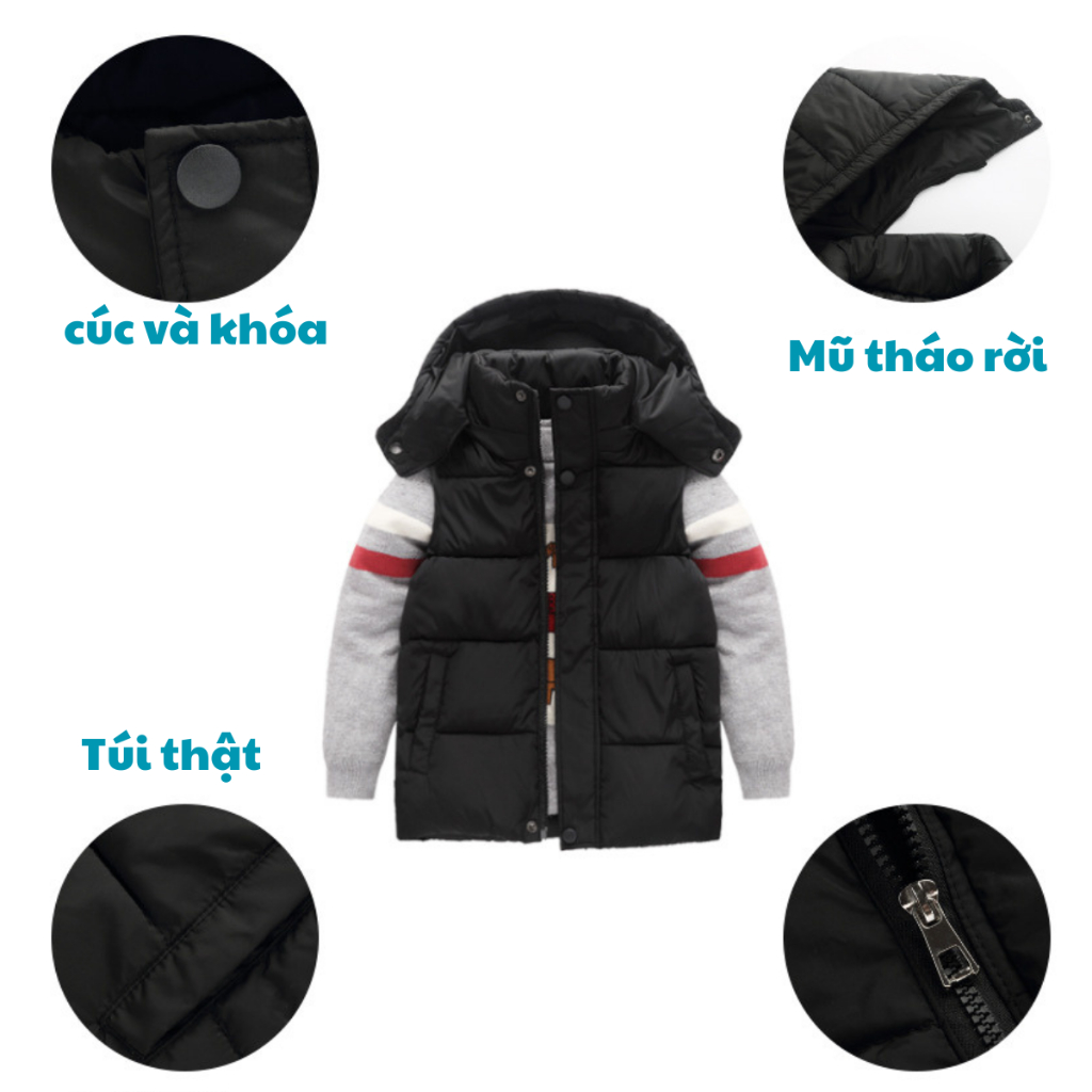 Áo khoác Gile mũ tháo rời có túi siêu mềm mại, Áo gile siêu nhẹ trần bông cho bé từ 4-13 tuổi