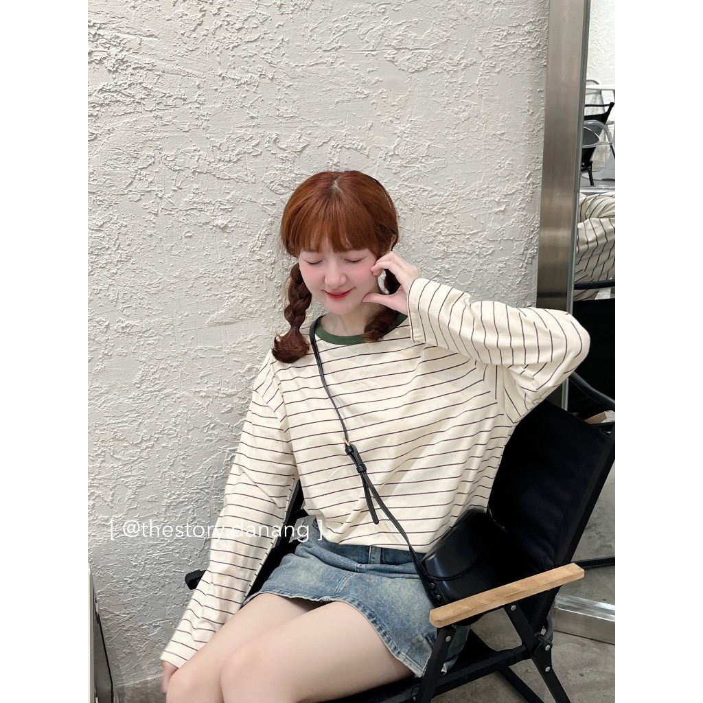 Áo thun nữ tay dài sọc ngang  Kem sọc nhiều màu A2626