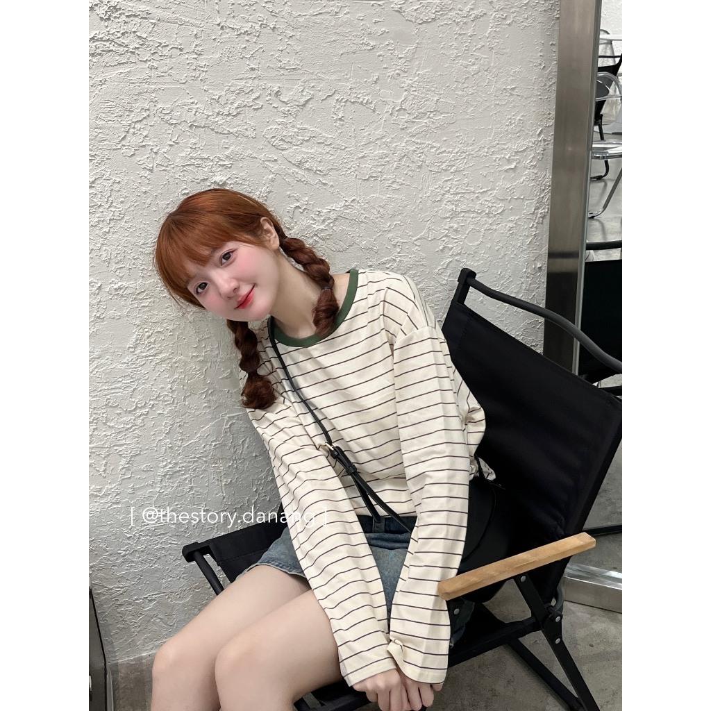 Áo thun nữ tay dài sọc ngang  Kem sọc nhiều màu A2626