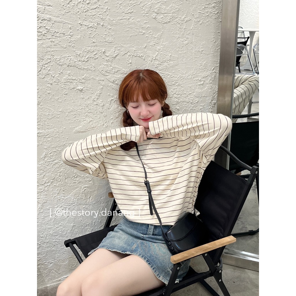 Áo thun nữ tay dài sọc ngang  Kem sọc nhiều màu A2626