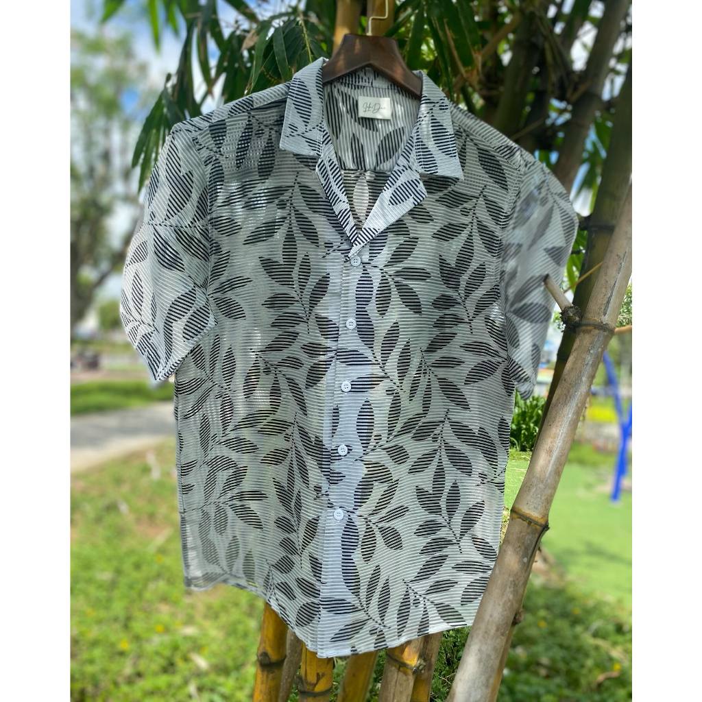 Áo Sơ Mi Unisex Nam Cuban Shirt - Black And White Leaf