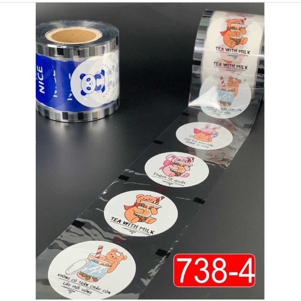 Keo ép nắp ly, cuộn màng ép ly nhựa, màng dập cốc trà sữa in sẵn mã 738 có 5 mẫu in khác nhau ép 2200 ly/cuộn