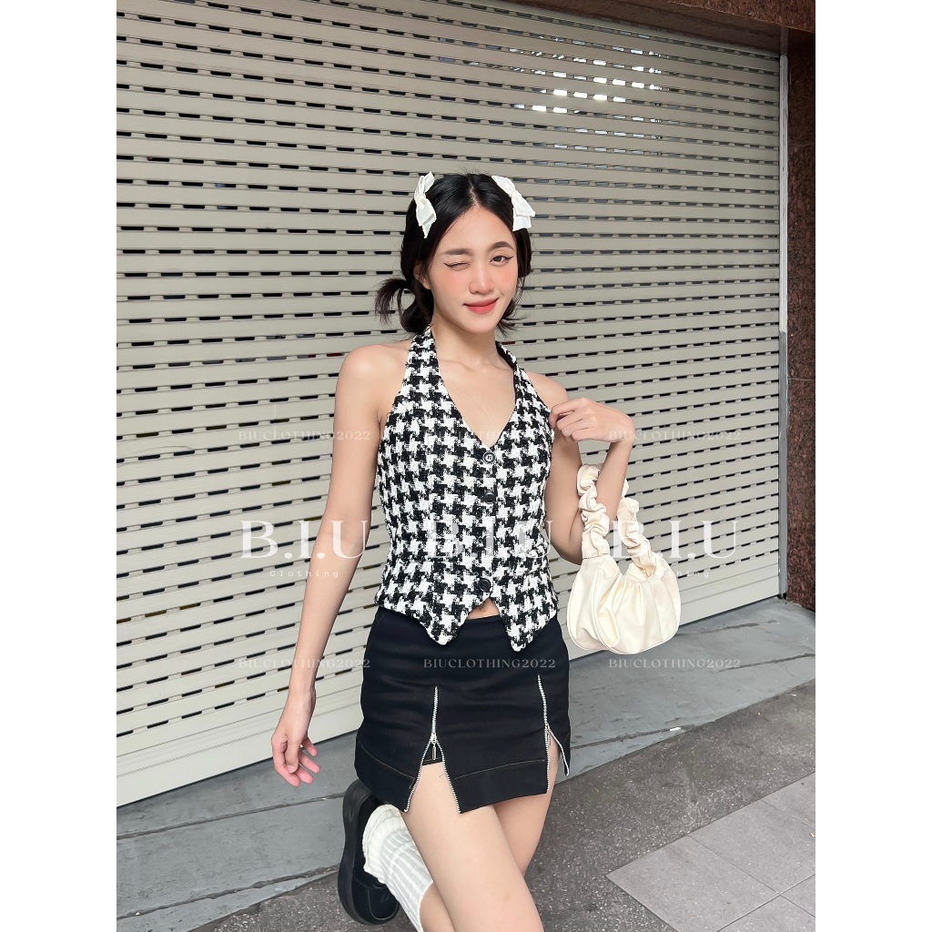 Set áo cổ yếm dạ chân váy dây kéo xẻ phong cách tỉ tỉ trung Miha Set Biu Clothing BB0145