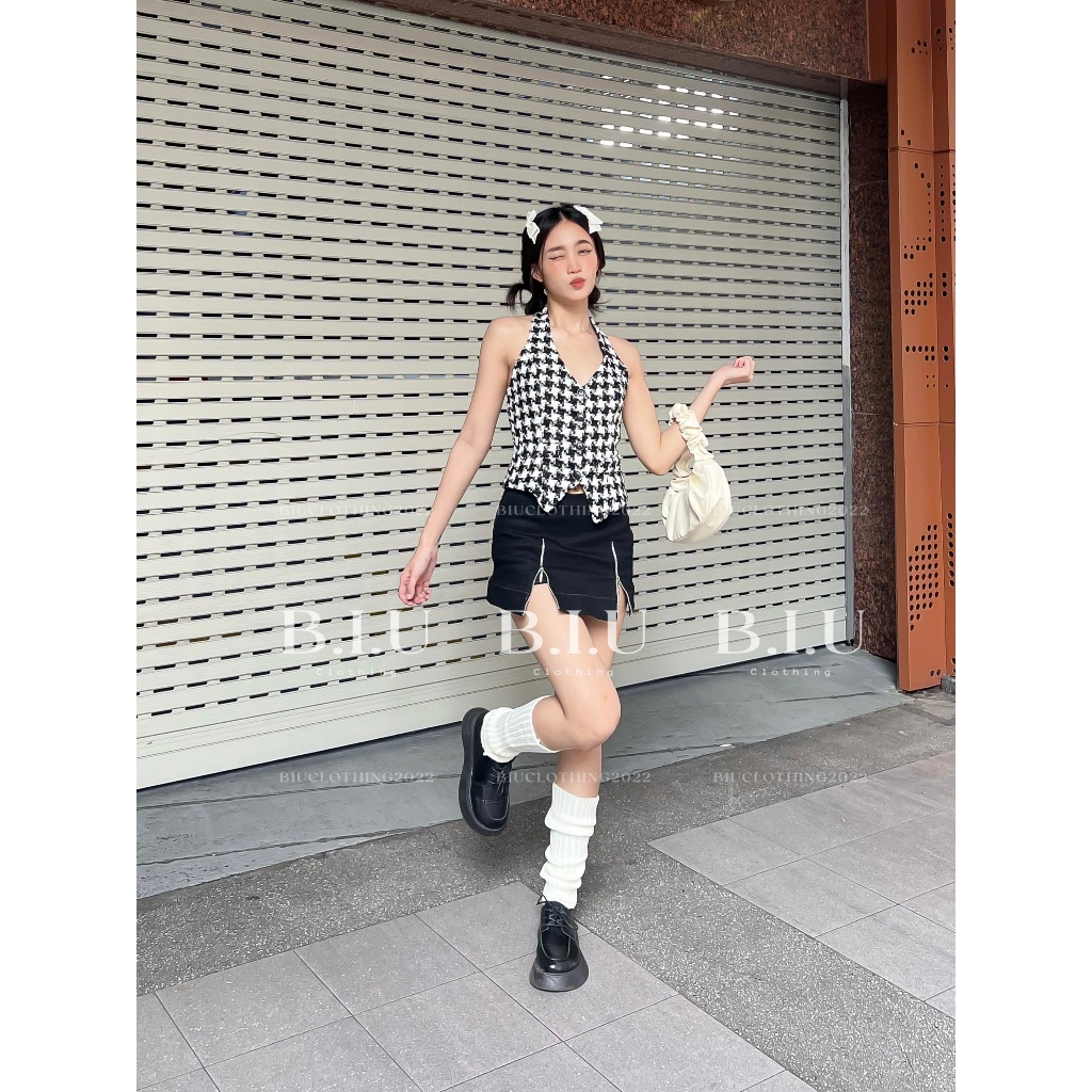 Set áo cổ yếm dạ chân váy dây kéo xẻ phong cách tỉ tỉ trung Miha Set Biu Clothing BB0145