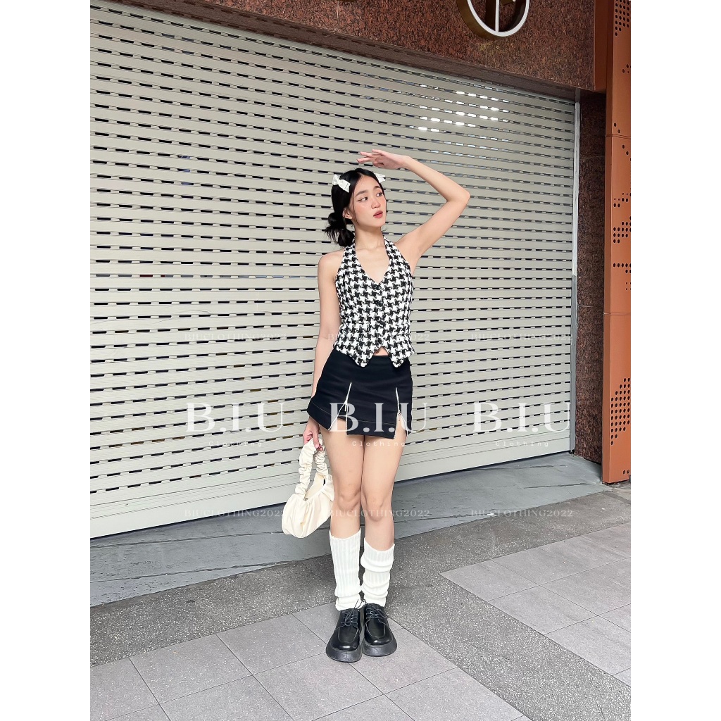 Set áo cổ yếm dạ chân váy dây kéo xẻ phong cách tỉ tỉ trung Miha Set Biu Clothing BB0145