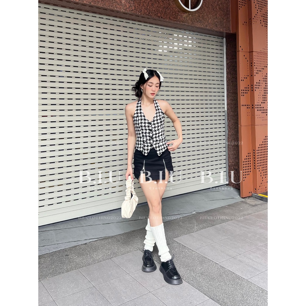 Set áo cổ yếm dạ chân váy dây kéo xẻ phong cách tỉ tỉ trung Miha Set Biu Clothing BB0145