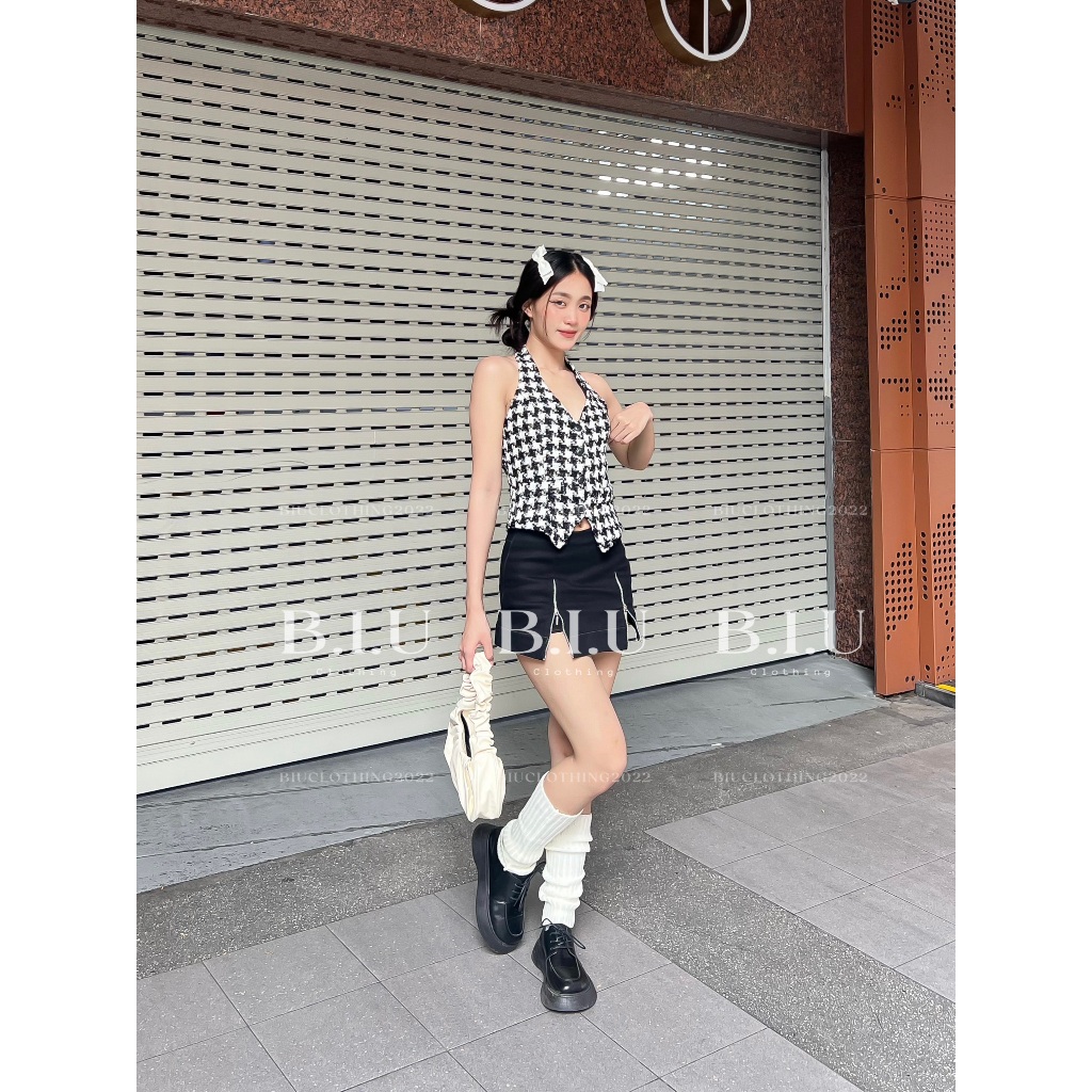 Set áo cổ yếm dạ chân váy dây kéo xẻ phong cách tỉ tỉ trung Miha Set Biu Clothing BB0145