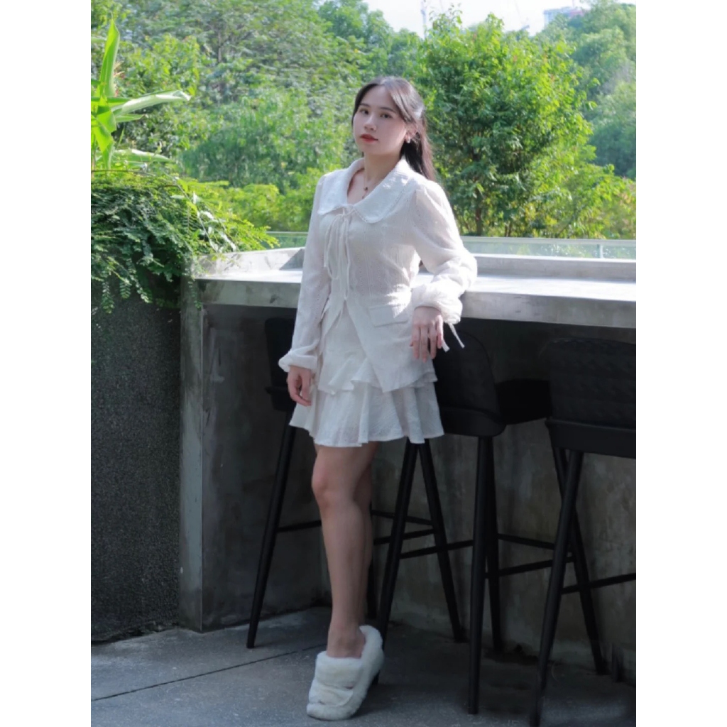 Set bộ áo dài tay chân váy xòe Style mùa thu nhẹ nhàng