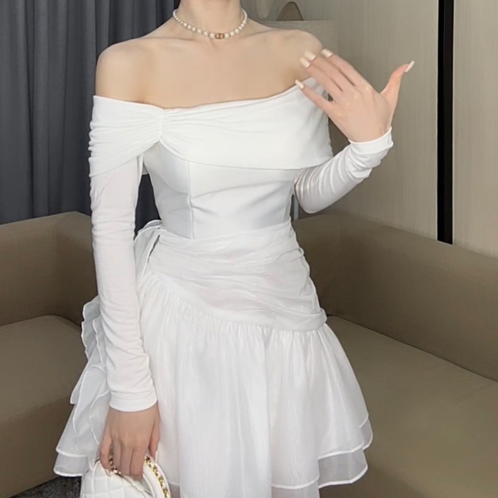 Váy trễ vai tay dài phối chân váy xòe dáng váy liền thân VAY913