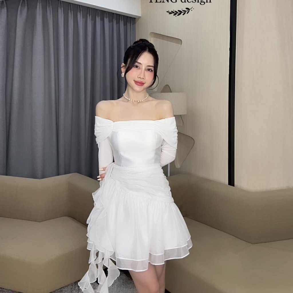 Váy trễ vai tay dài phối chân váy xòe dáng váy liền thân VAY913