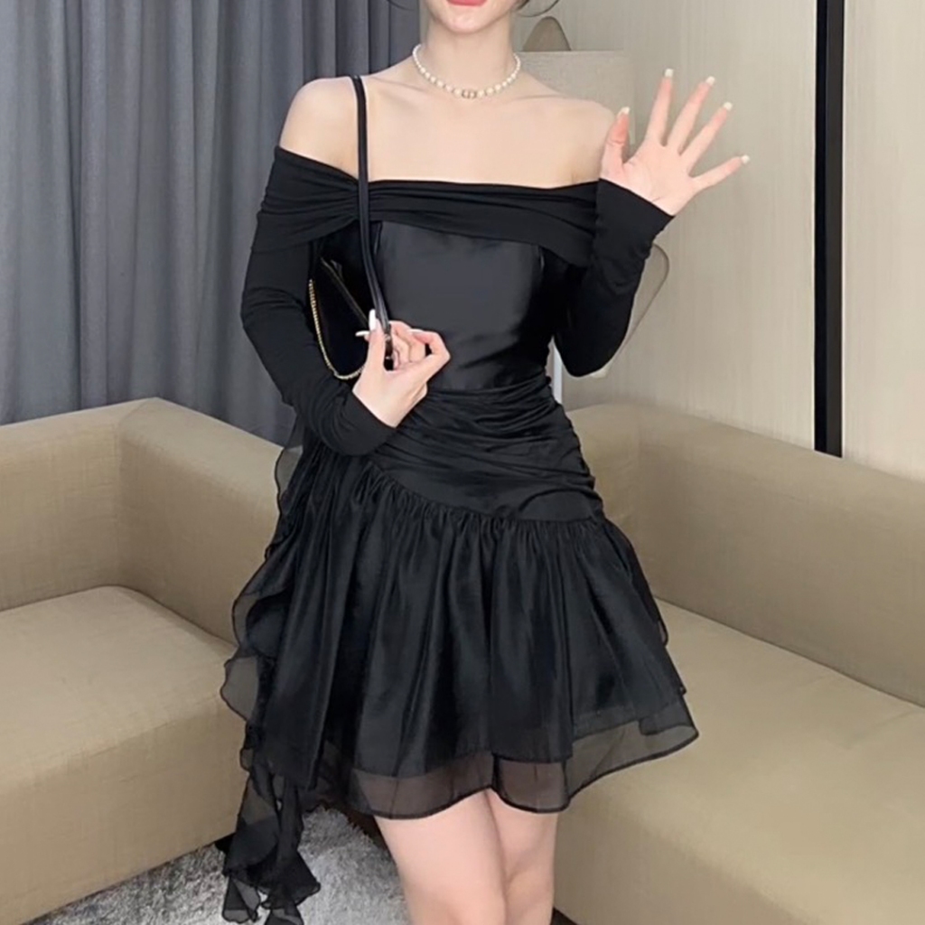 Váy trễ vai tay dài phối chân váy xòe dáng váy liền thân VAY913