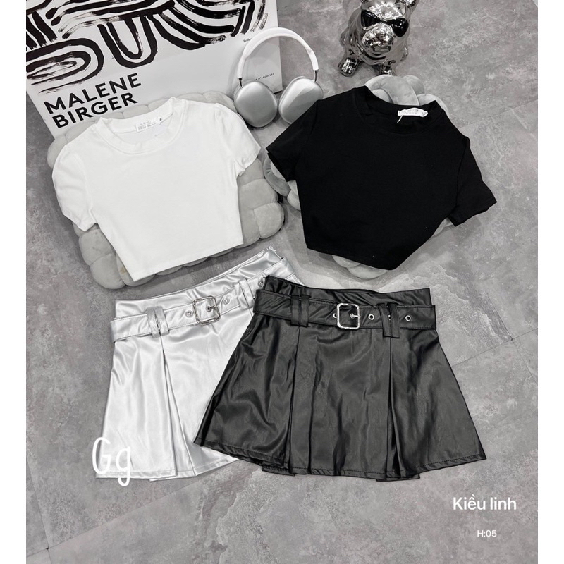 SÉT ÁO CROPTOP CỔ TRÒN PHỐI CHÂN VÁY DA KÈM NỊT QUYẾN RŨ