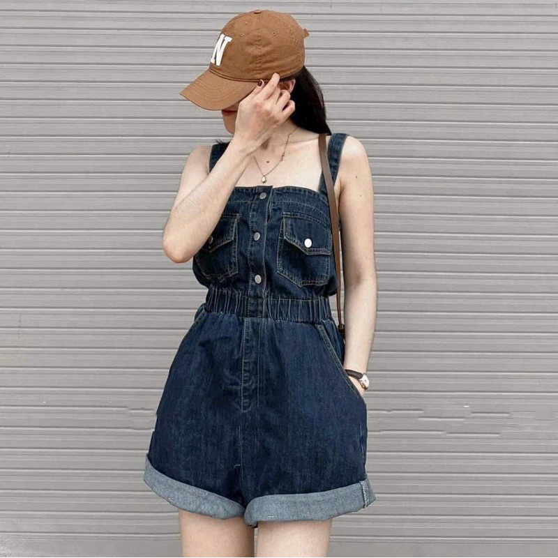 Jumpsuits đùi thời trang nữ mặc đi chơi chất Kaki/Jeans 2 dây túi hộp bo eo đính nút 2 kiểu QC