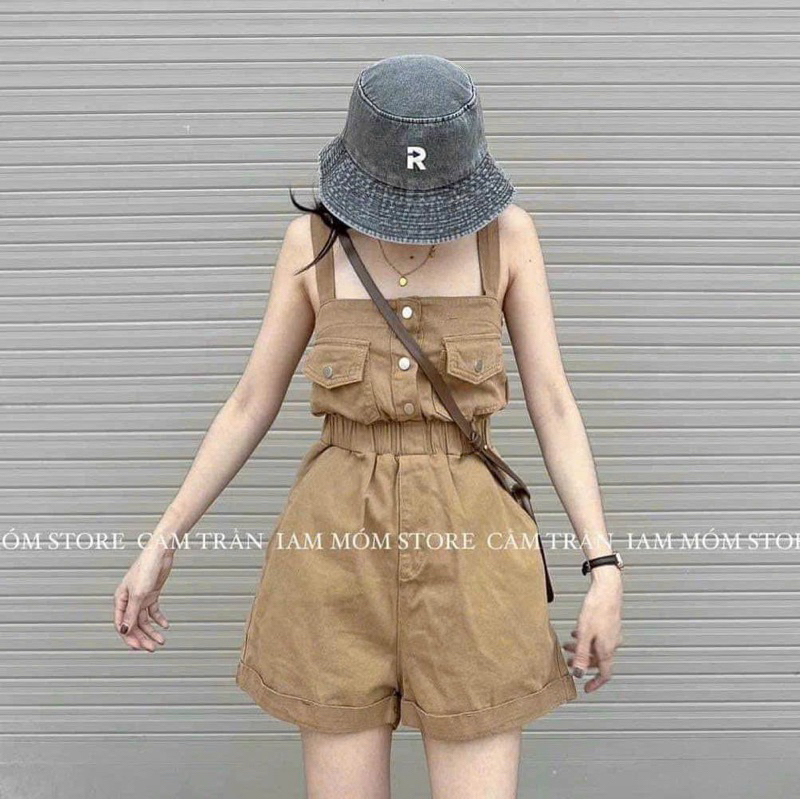 Jumpsuits đùi thời trang nữ mặc đi chơi chất Kaki/Jeans 2 dây túi hộp bo eo đính nút 2 kiểu QC