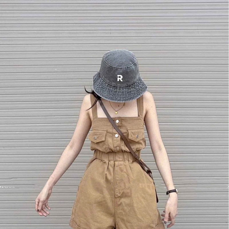 Jumpsuits đùi thời trang nữ mặc đi chơi chất Kaki/Jeans 2 dây túi hộp bo eo đính nút 2 kiểu QC