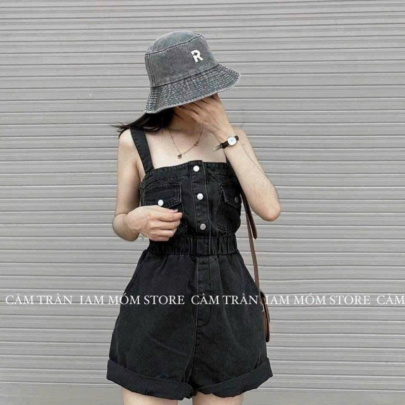 Jumpsuits đùi thời trang nữ mặc đi chơi chất Kaki/Jeans 2 dây túi hộp bo eo đính nút 2 kiểu QC