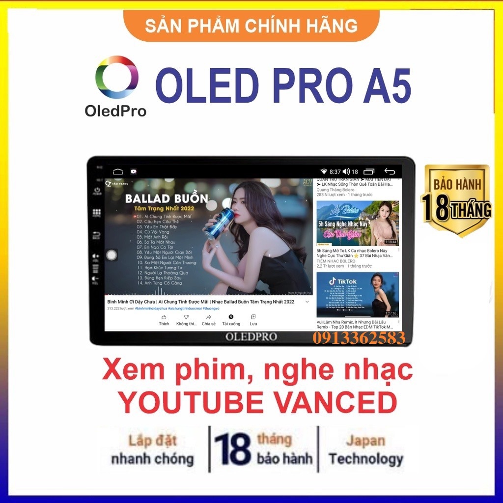 Tặng VIETMAP S2- Màn hình android cho ô tô OLEDPRO A5 - P450 Ram 2G 32G 8 nhân chia đôi màn hình - 1 đổi 1 trong 1 năm