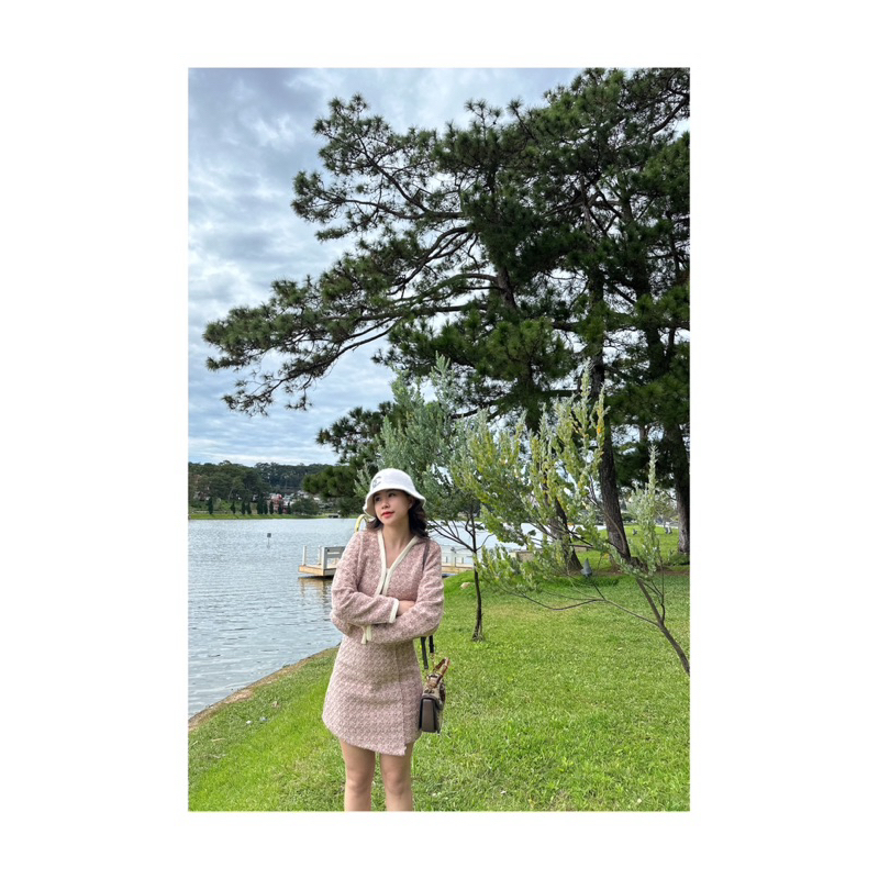 Set dạ tweed 3ct khuy tim QC