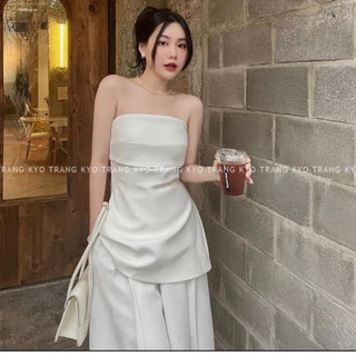 Bộ đồ nữ sét áo cúp ngực phối đen trắng kèm quần suông ống rộng