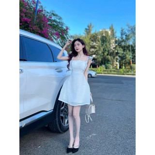 Đầm thời trang nữ mặc đi tiệc chất xô hột 2 dây cánh tiên voan kiếng có mút ngực chéo dây vaychữ a ngắn màu trắng QC