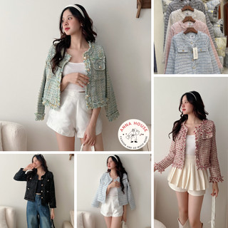 Áo Khoác Dạ Tweed Cardigan Nữ Croptop Kẻ Caro Cổ Tròn Dáng Ngắn Viền Tua Rua, Áo Dạ Tweet Dày Dặn Khoác Ngoài Dáng Lửng