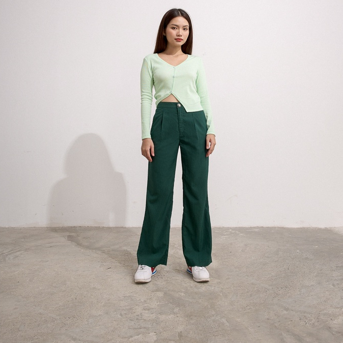 Quần Maybi dài ống suông linen xanh đậm