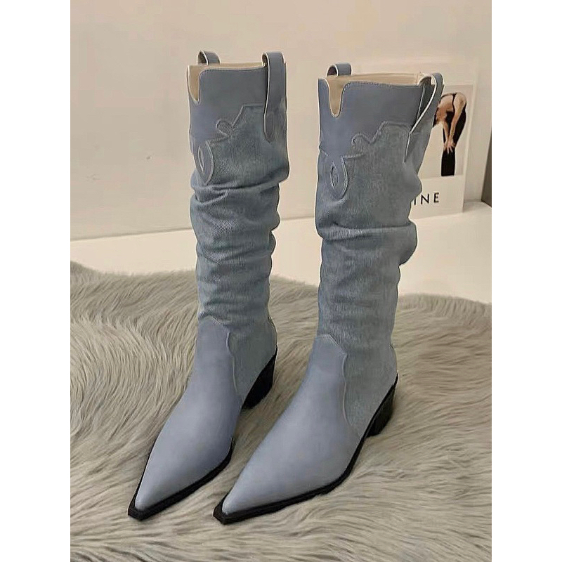 Bốt jean phối da mũi nhọn 3 phân YIMI 2 màu xanh kem