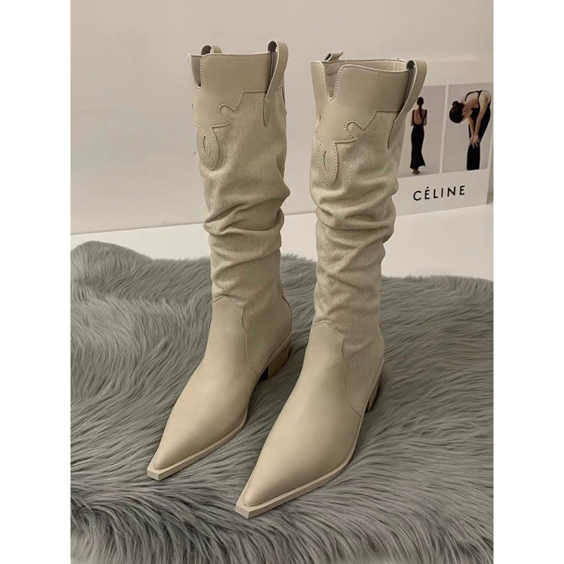 Bốt jean phối da mũi nhọn 3 phân YIMI 2 màu xanh kem