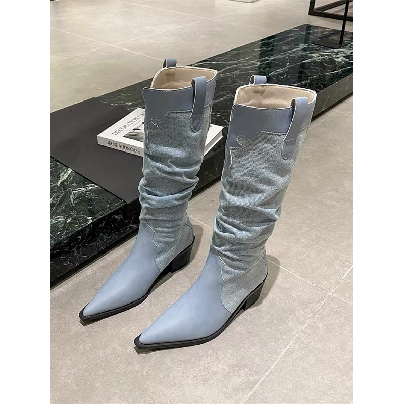 Bốt jean phối da mũi nhọn 3 phân YIMI 2 màu xanh kem