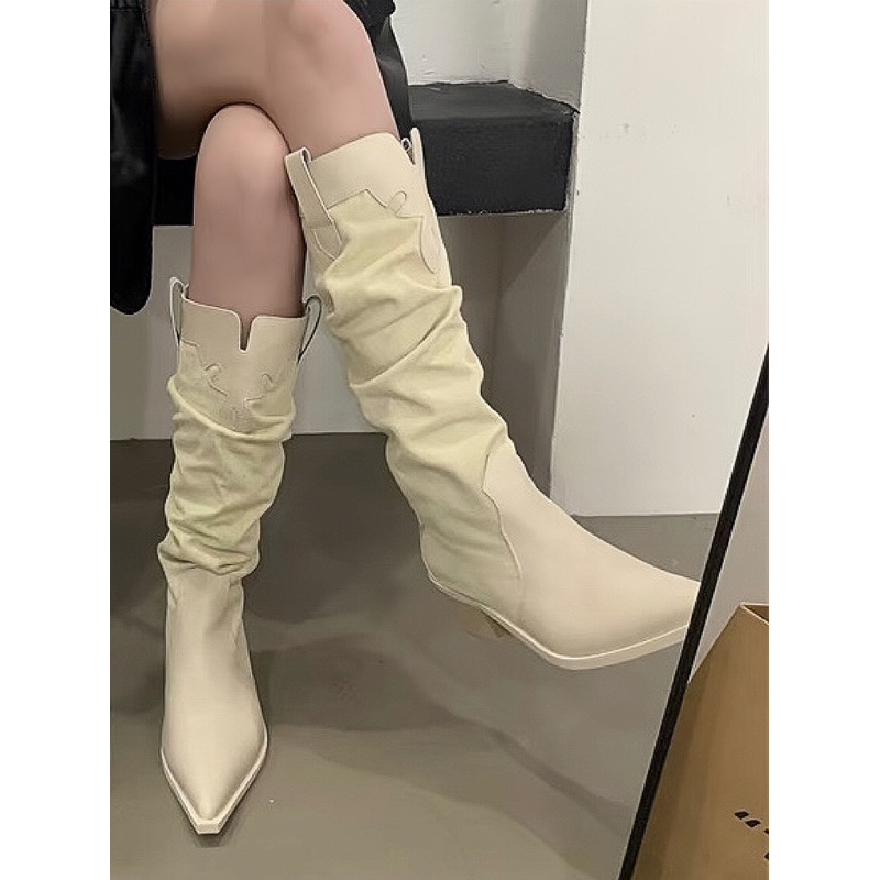 Bốt jean phối da mũi nhọn 3 phân YIMI 2 màu xanh kem