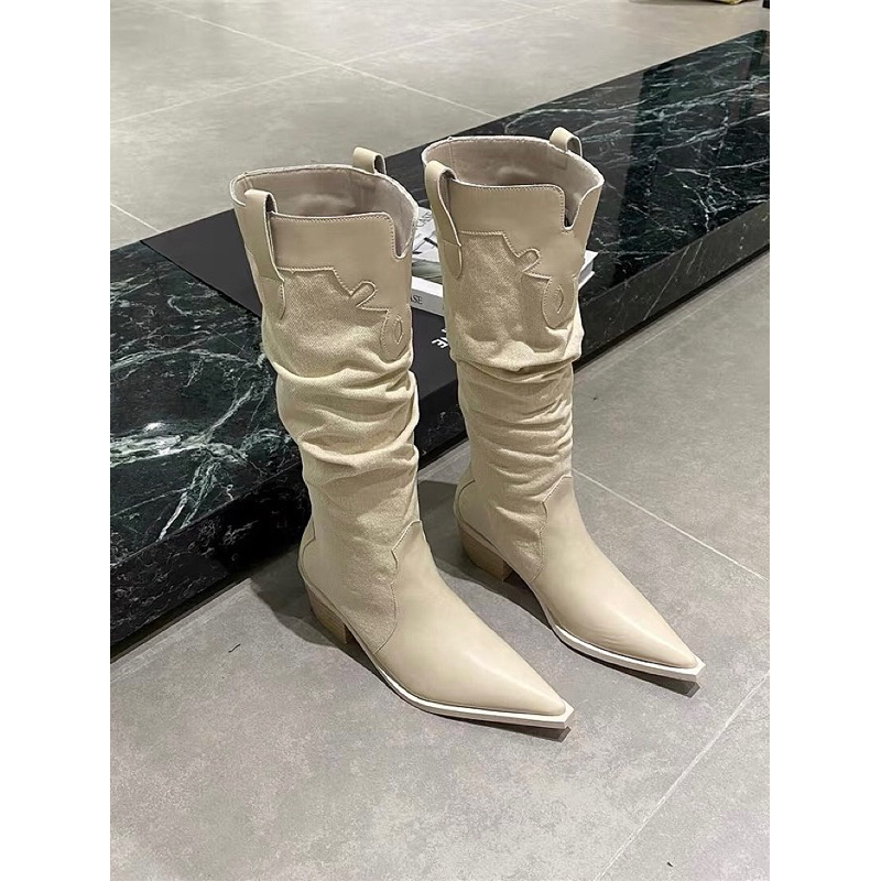 Bốt jean phối da mũi nhọn 3 phân YIMI 2 màu xanh kem