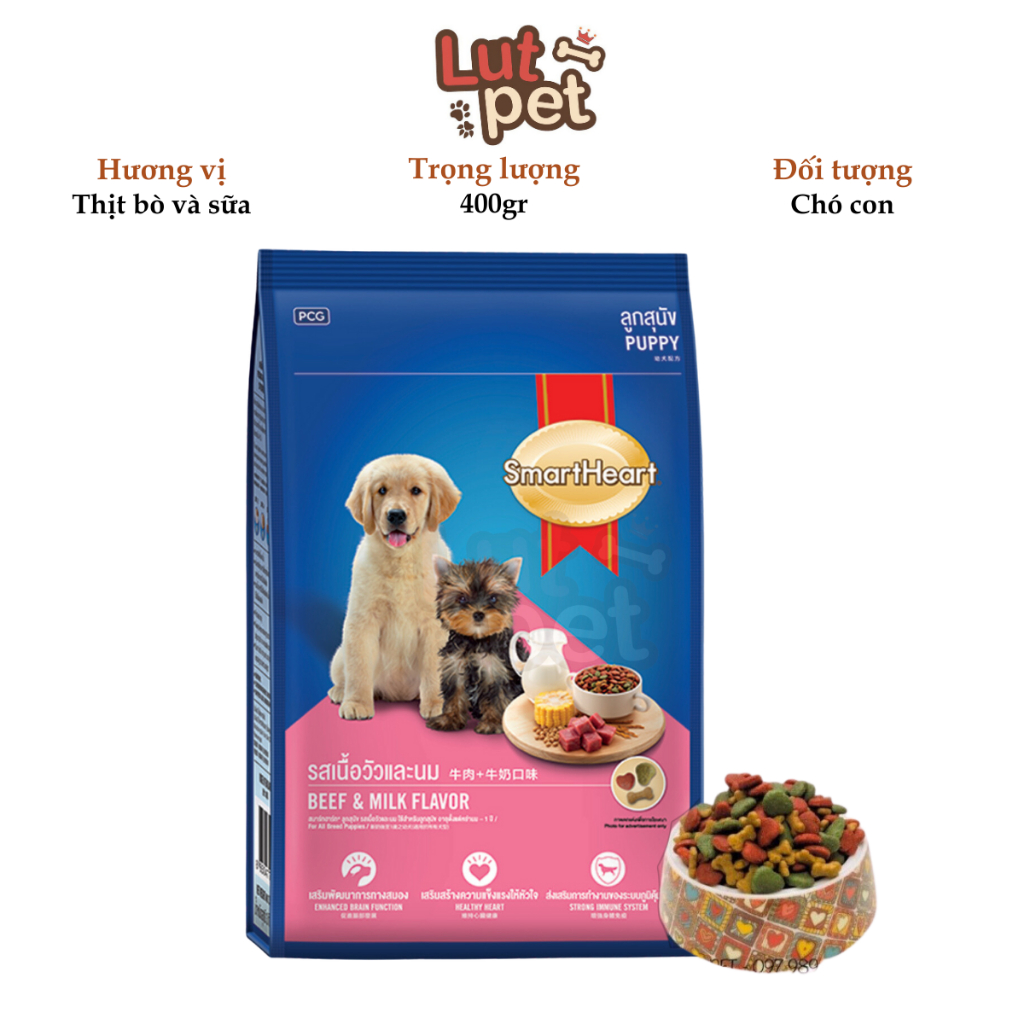Thức ăn hạt cho chó Smartheart puppy hạt khô cho chó nhỏ 400gr (vị thịt Bò & Sữa) - lutpet