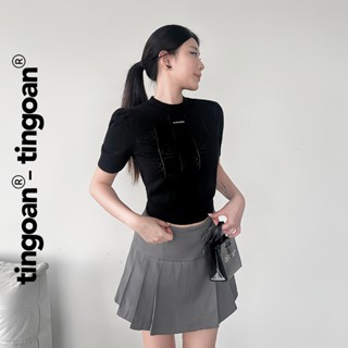 TINGOAN® - Áo len siêu mỏng đen có logo TINGOAN® ngắn tay cổ tròn vân hoa FLOWER TOP/BL phiên bản mới nhất T2.2025