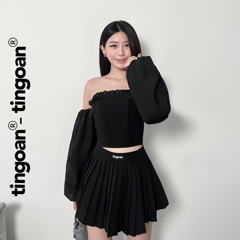 TINGOAN® - Trễ vai crop đen tay rời đính nơ ngực 2 bên GABRIEL TOP/BL