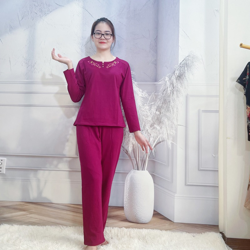 Quần áo trung niên nữ - đồ bộ trung niên thu đông nhà cao cấp cho mẹ, bà vải cotton dài tay