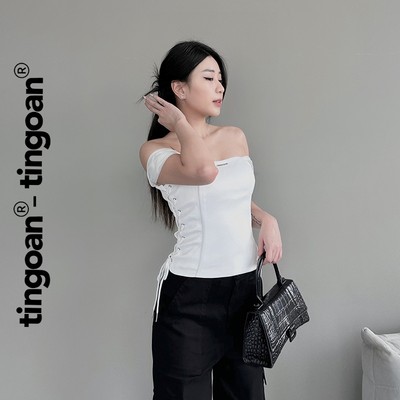 TINGOAN® - Áo corset phối tay trễ vai đan dây sườn đính logo TINGOAN® trắng UNSEEN TOP/WH