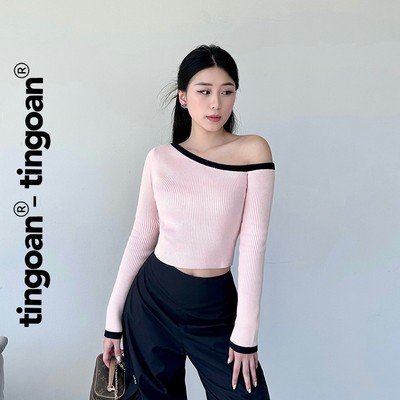 TINGOAN® - Áo len lệch vai hồng viền đen ôm LEI LEI TOP/PK