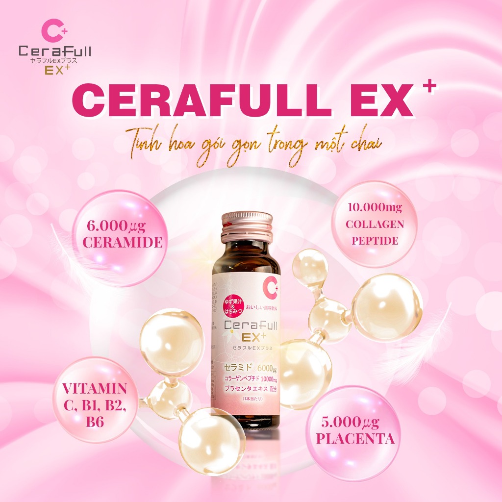 Nước uống Collagen Cerafull EX+ CAO CẤP chứa 10.000mg collagen và 6000ug ceramide giúp đẹp da, giảm lão
