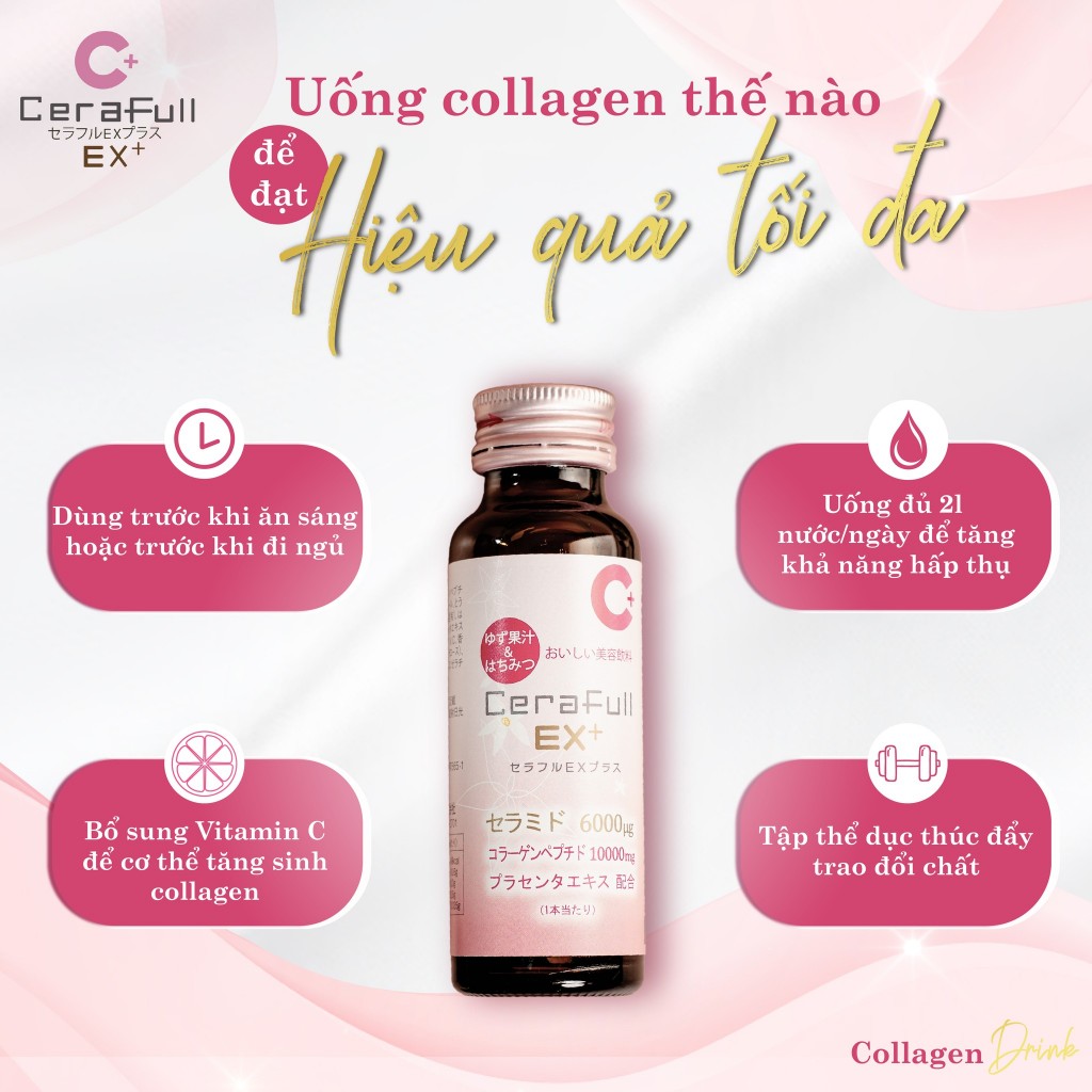 Nước uống Collagen Cerafull EX+ CAO CẤP chứa 10.000mg collagen và 6000ug ceramide giúp đẹp da, giảm lão