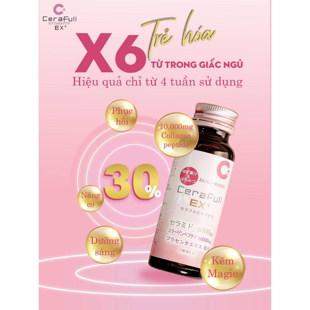 Nước uống Collagen Cerafull EX+ CAO CẤP chứa 10.000mg collagen và 6000ug ceramide giúp đẹp da, giảm lão