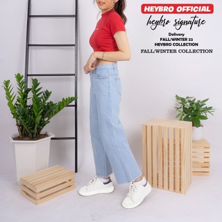 Quần jean trơn cạp cao ống rộng Heybro