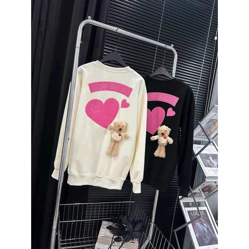 Áo Sweater nỉ hai da  đính gấu dễ thương - Áo thu đông nữ unisex hot trend 2023