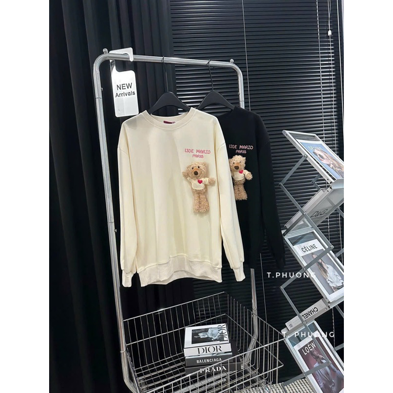 Áo Sweater nỉ hai da  đính gấu dễ thương - Áo thu đông nữ unisex hot trend 2023